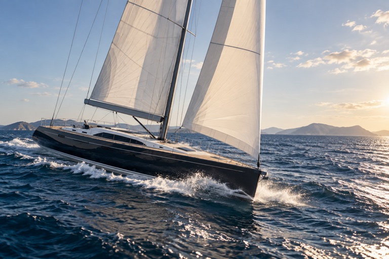 Performance sailing yacht under full sail in a Mediterranean breeze