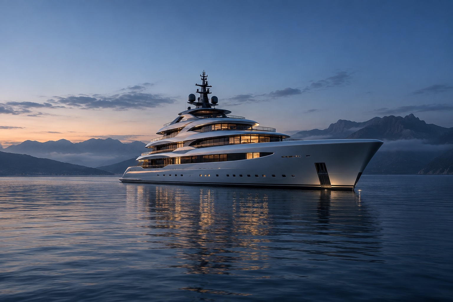 Contemporary multi-deck superyacht anchored at blue hour